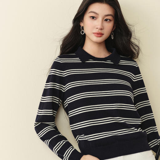 【严选】诗凡黎撞色条纹POLO领针织衫老钱高智正肩显瘦长袖上衣7G9132891 商品图0