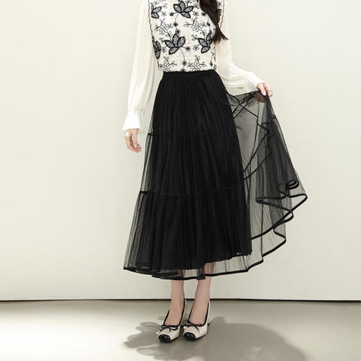 「自」全新升级【铂金会员183/天猫239/差价56】(55145)洛诗琳新款百褶网纱半身裙2025秋季气质简约女优雅A字裙女 商品图2