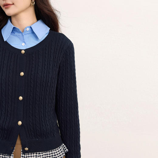 【周末秒杀】熙世界假两件麻花针织开衫女秋季2025新款设计感格子拼接短款上衣 商品图4