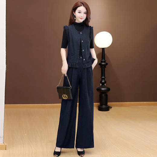 QYM 58C258507-Y时尚两件套裤高腰阔腿裤+木耳边褶皱马甲休闲套装 商品图1