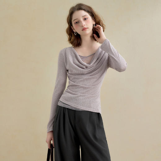 西遇温柔气质蕾丝荡领长袖T恤女薄款假两件修身显瘦上衣V2751193 商品图2