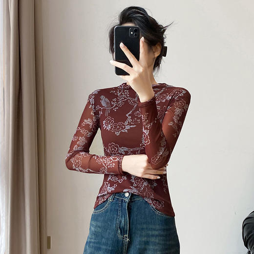 KQL A55F8569时尚洋气高弹网长袖印花T恤上衣 商品图0