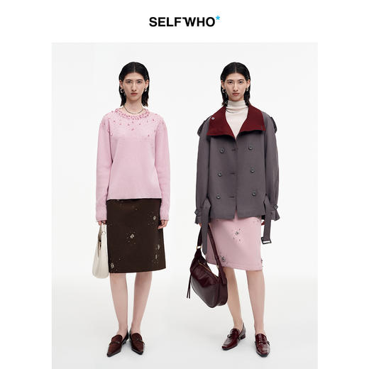 SELFWHO经典H型钉珠珠片肌理感PU半身裙女2025秋季新款开衩直筒裙 商品图1