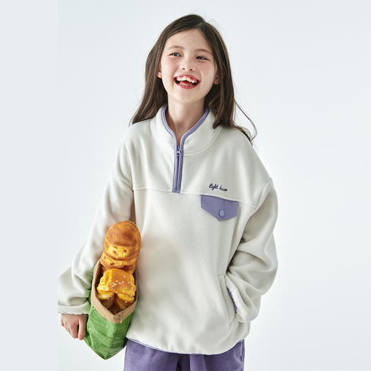 棵初2025年秋冬季新款亲子中大女童摇粒绒卫衣抗静电拼色口袋上衣 商品图2