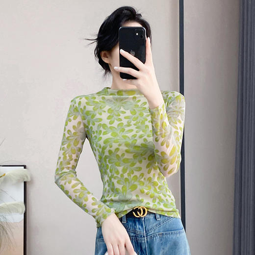 KQL A55F8567时尚洋气高弹网长袖印花高领打底衫T恤 商品图0