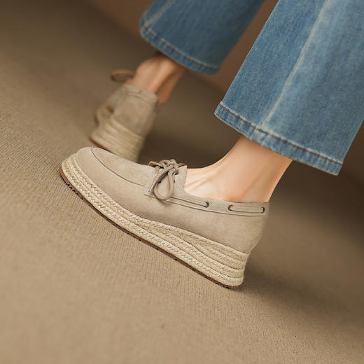 【预售5天】5cm复古磨砂真皮草编厚底单鞋女秋季新款圆头渔夫鞋系带乐福鞋MT&MD5291 商品图1