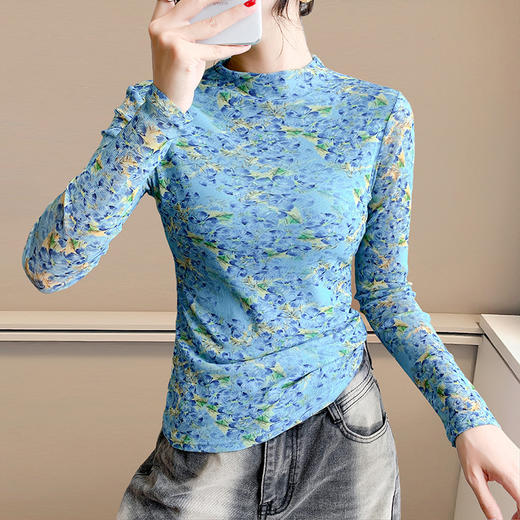 KQL A55F8573时尚洋气高弹网长袖印花半高领打底衫T恤 商品图1