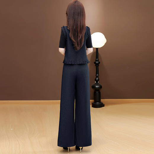 QYM 58C258507-Y时尚两件套裤高腰阔腿裤+木耳边褶皱马甲休闲套装 商品图2