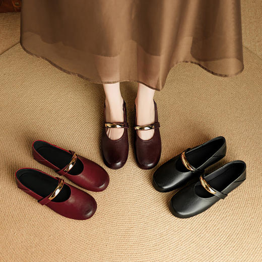 【预售5天】新款四季女鞋羊皮时尚圆头金属扣一字带舒适平底浅口单鞋NJMK&K1656 商品图3
