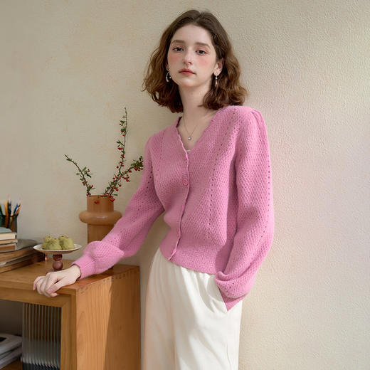 法式V领镂空花边针织衫女秋季多巴胺玫粉韩系显瘦毛衣开衫V3051188 商品图3