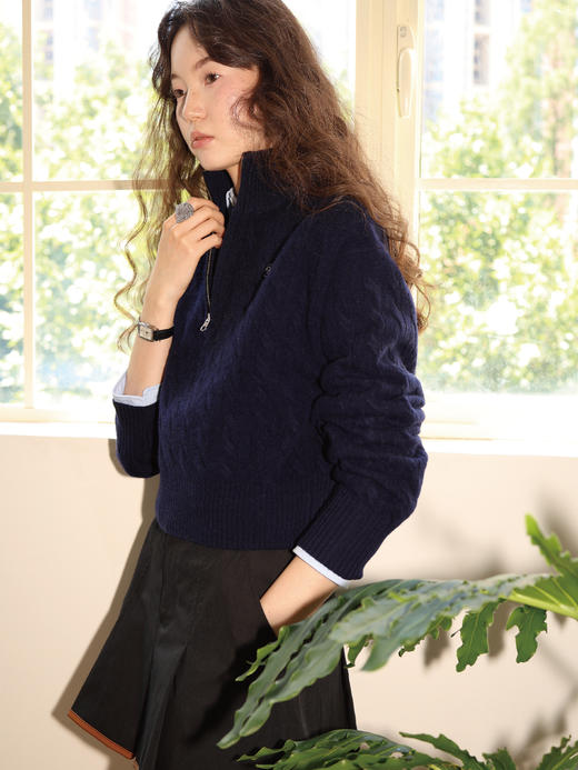 素舶 澳洲超细美利诺羊毛柔软半高领拉链经典绞花收腰针织衫上衣 商品图3