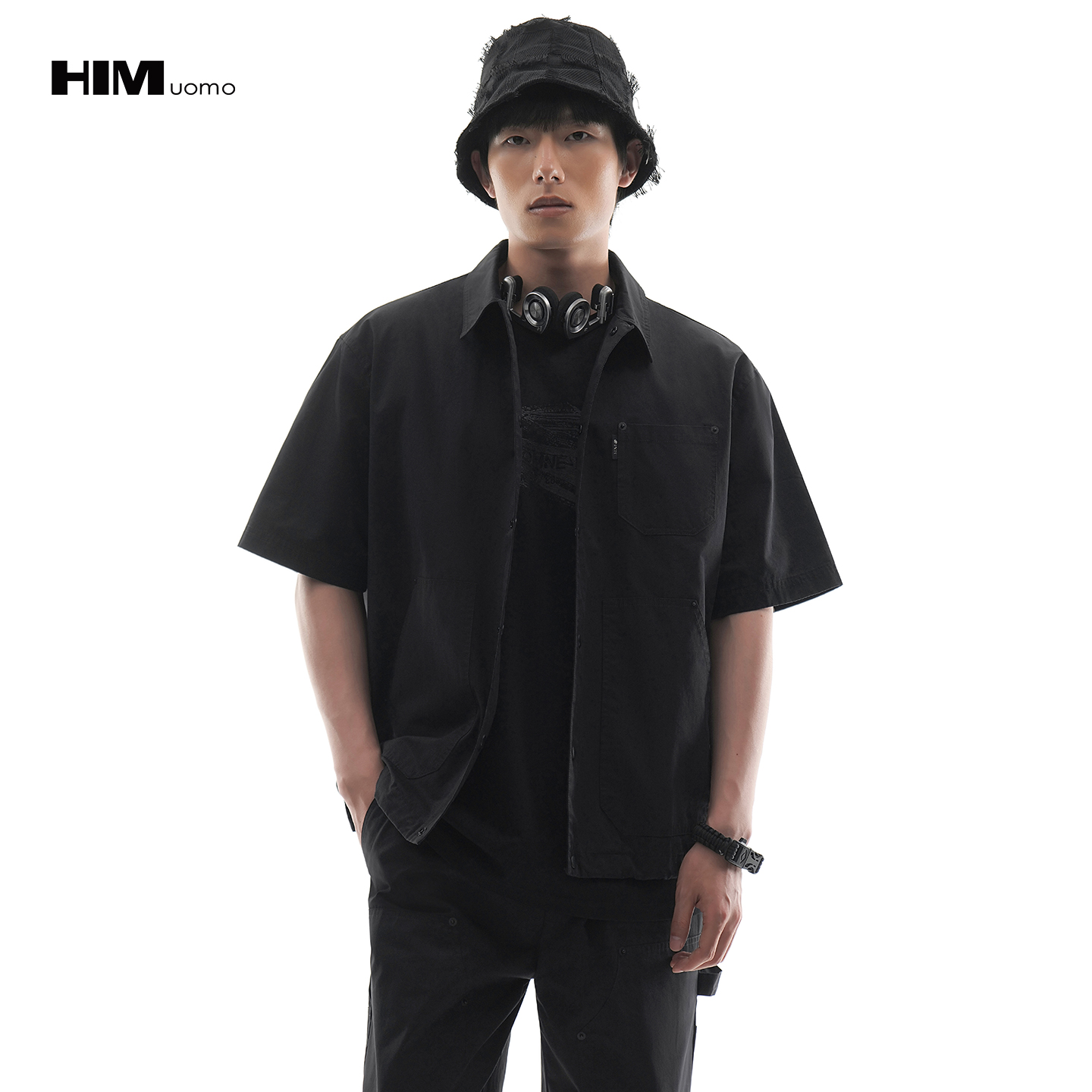 HIM漢崇 潮流简约工装多袋设计宽松耐磨休闲短袖衬衫男 2026春季