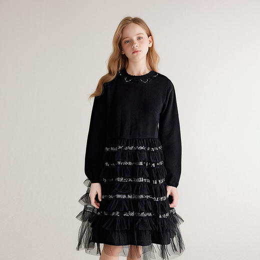 笛莎Deesha 童装女童连衣裙2025冬新款女童层叠珠片连衣裙 商品图0