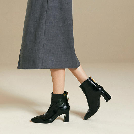 【静音系列】千百度粗高跟羊皮靴女短靴子加绒时装靴A25577249 商品图2