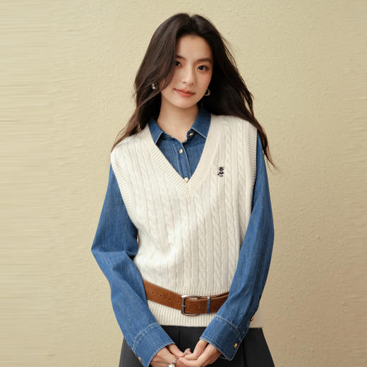 【严选】诗凡黎全羊毛绞花针织马甲背心2025秋新款软糯百搭无袖刺绣上衣女7G8132021 商品图0