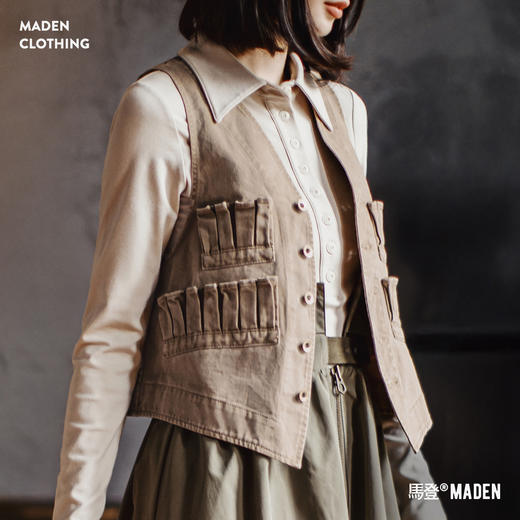 马登复古多口袋V领无袖工装外搭套叠穿马甲夹坎肩心上衣女士秋季 商品图0