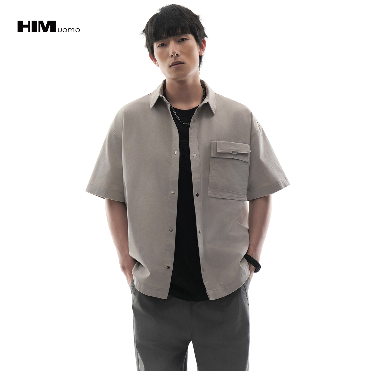 HIM漢崇 层次感袋盖工装口袋宽松潮流百搭短袖休闲衬衫 2026春季