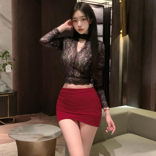霏慕 娇柔秘书蕾丝透身套装6109  包臀短裙性感夫妻刺激制服性感睡衣 商品图13