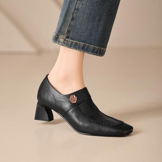 【预售5天】羊皮粗跟单鞋女秋新款真皮复古百搭高跟方头深口软皮时尚女鞋MBJR&6967 商品图1