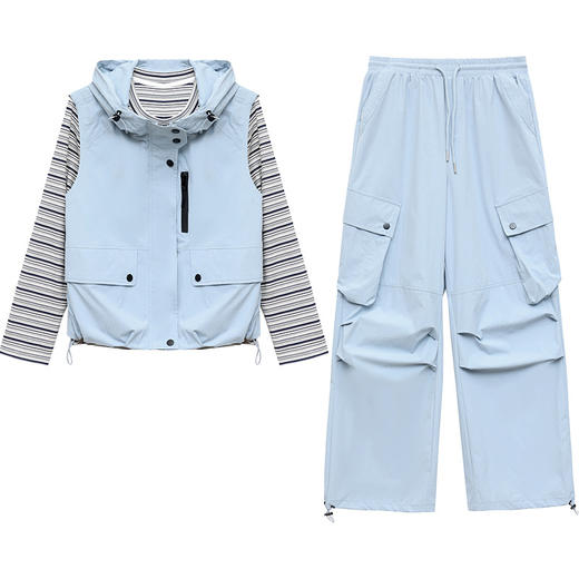 QYM 58C258506-Y时尚休闲三件套连帽马甲+长袖条纹衫+直筒阔腿裤宽松套装 商品图4