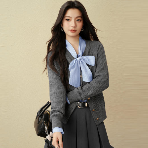 【严选】诗凡黎绵羊毛绞花针织开衫2025秋新款老钱风软糯休闲百搭毛衣外套7G8132031 商品图0