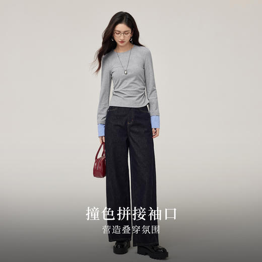 【08/27新品】熙世界灰色拼接长袖T恤女2025秋季新款修身显瘦假两件打底衫上衣 商品图2