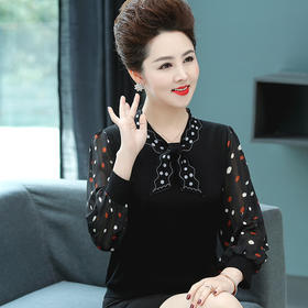 W211-2802-85-138妈妈春秋装长袖打底小衫50岁中年女装洋气雪纺上衣中老年针织T恤