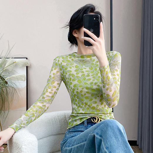 KQL A55F8567时尚洋气高弹网长袖印花高领打底衫T恤 商品图1