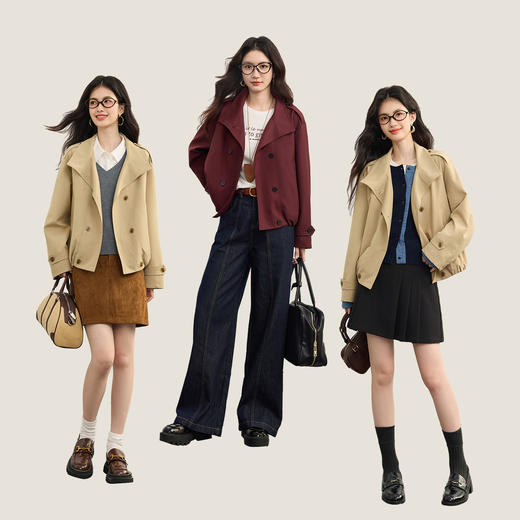 【09/03新品】熙世界智美翻领短款风衣外套2025秋季新款女装小个子复古夹克上衣 商品图3