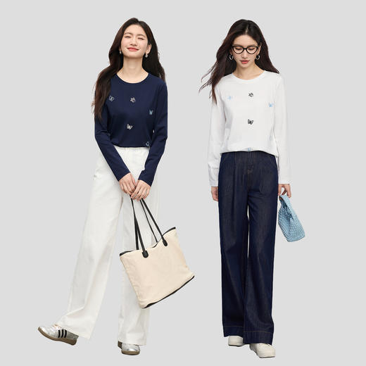 【08/27新品】熙世界蝴蝶刺绣T恤女长袖2025秋季新款时尚减龄宽松显瘦打底上衣 商品图2