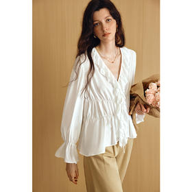 OLrain欧芮儿法式浪漫荷叶边V领雪纺衫女秋季2025新款米白色上衣