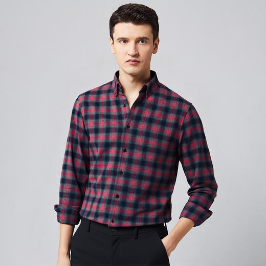 【全棉】罗蒙秋冬格子长袖衬衫男士厚款舒适柔软百搭简约通勤长袖保暖衬衣 商品图2