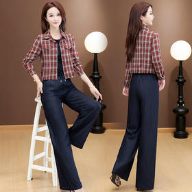 QYM 53B254-Y优雅三件套背心+格纹短款衬衫+高腰直筒阔腿裤套装