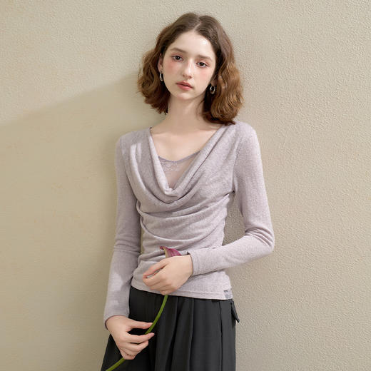 西遇温柔气质蕾丝荡领长袖T恤女薄款假两件修身显瘦上衣V2751193 商品图4