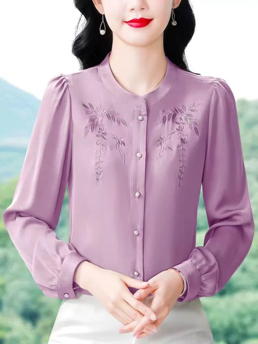 中国风真丝衬衫女妈妈装2025春秋刺绣立领杭州桑蚕丝缎面长袖上衣 商品图2