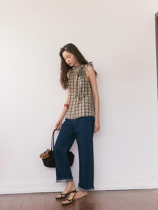 Even Vintage | 复古泡泡格纹 宽松A型领口褶皱花边系带无袖上衣 商品图2