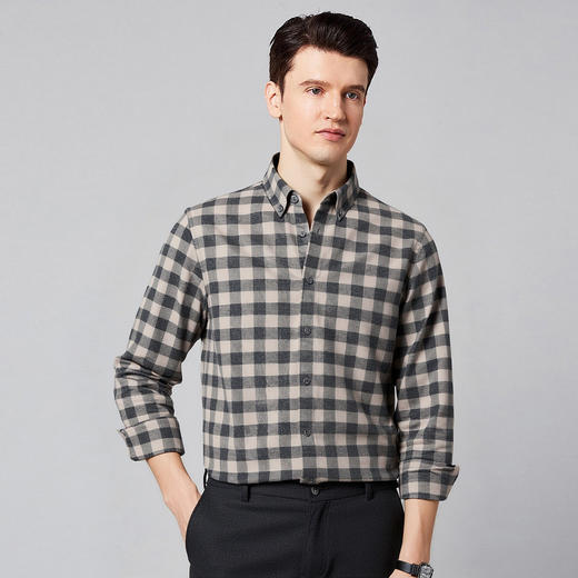【全棉】罗蒙秋冬格子长袖衬衫男士纯棉厚款舒适亲肤百搭休闲男士长袖衬衣 商品图3