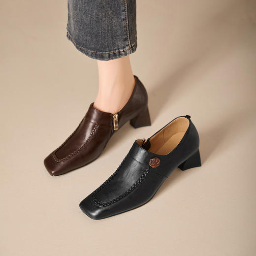 【预售5天】羊皮粗跟单鞋女秋新款真皮复古百搭高跟方头深口软皮时尚女鞋MBJR&6967 商品图4