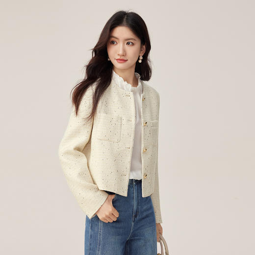 【年货节】熙世界白色小香风短外套2025秋新款女装珠片圆领绵羊毛开衫上衣 商品图3