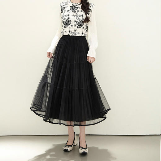 「自」全新升级【铂金会员183/天猫239/差价56】(55145)洛诗琳新款百褶网纱半身裙2025秋季气质简约女优雅A字裙女 商品图0