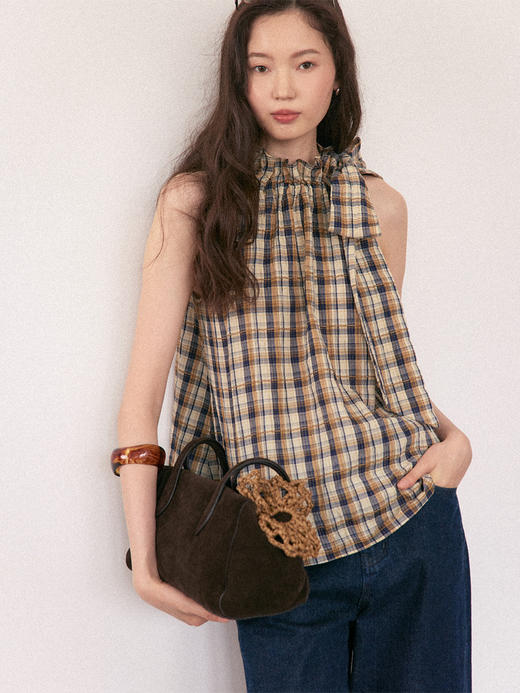 Even Vintage | 复古泡泡格纹 宽松A型领口褶皱花边系带无袖上衣 商品图1