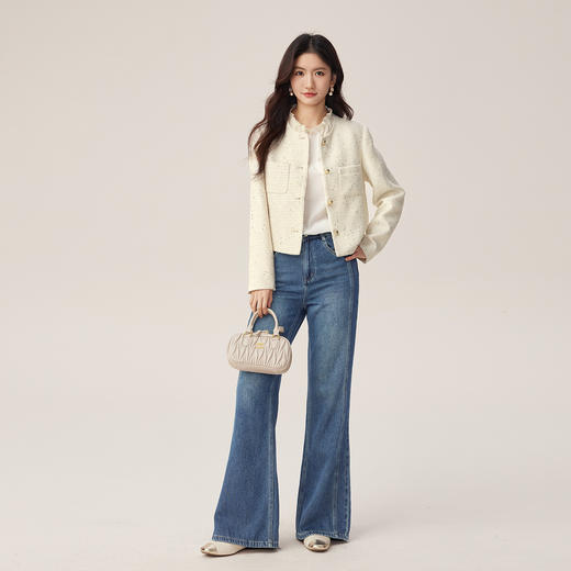 【年货节】熙世界白色小香风短外套2025秋新款女装珠片圆领绵羊毛开衫上衣 商品图2