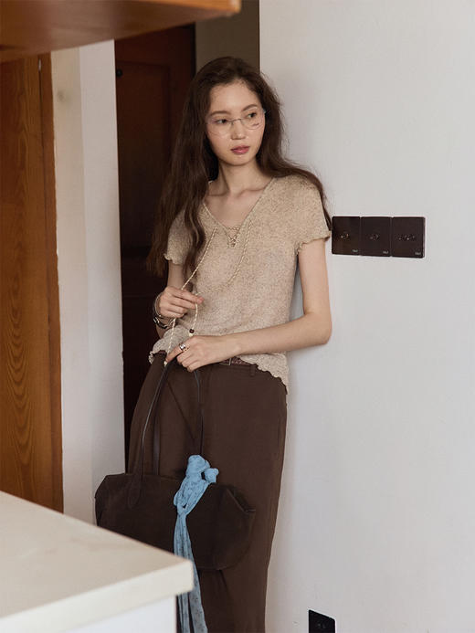 Even Vintage |亚麻混纺 闪闪微光V领系带复古针织透气短袖上衣 商品图2