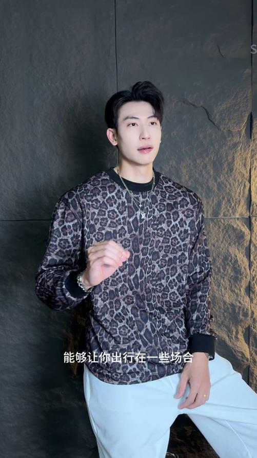 SDSA男士2025新款轻奢痞帅男装撞色豹纹设计圆领长袖T恤休闲网红 商品图0