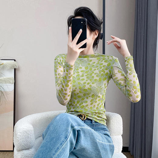KQL A55F8567时尚洋气高弹网长袖印花高领打底衫T恤 商品图2