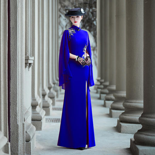 NL10-28夏季新款弹力免烫飘逸凤尾花改良单开叉长款旗袍走秀舞台演出服 商品图1