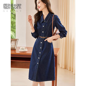【专属特价】熙世界长袖牛仔连衣裙女秋季2025新款休闲工装风收腰衬衫领裙子