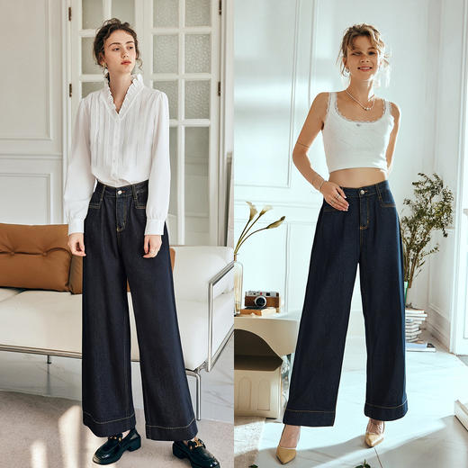 OLrain欧芮儿蓝色高腰复古直筒阔腿牛仔裤2025新款女秋季显示长裤 商品图2