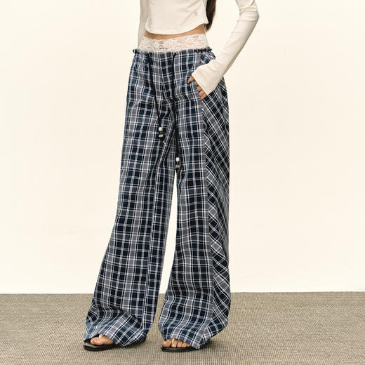 Ariseism 美式复古格子休闲裤蕾丝短裤女秋季新款长裤子 商品图3