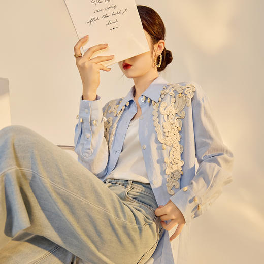 SS N6098时髦轻国风拼接衬衫休闲宽松立领上衣 商品图0